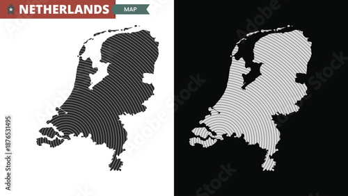 Map of Netherlands in black and gray. Spiral lines country map. Detailed political map. Vector illustration