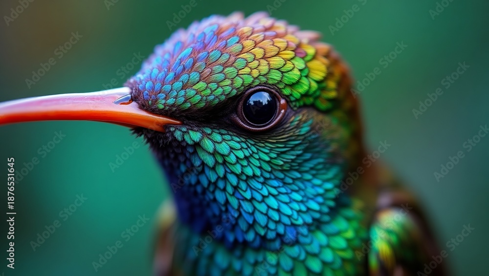 Obraz premium A vibrant hummingbird with iridescent feathers and long beak in a lush green environment viewed from the side