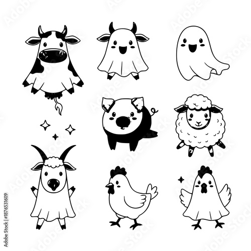 Whimsical ghost farm animals vector illustration set for Halloween cards