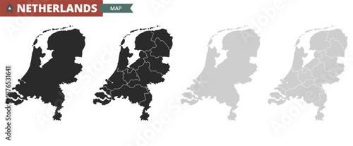 Map of Netherlands in black and gray. Detailed political map. Vector illustration
