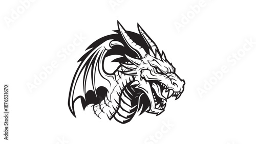 Monochrome dragon head illustration with detailed scales and wings.