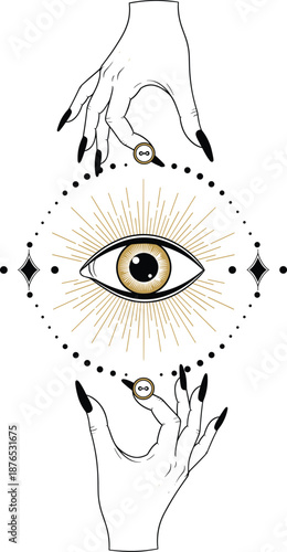 Mystical Eye Golden Iris Infinity Hands Celestial Symbols Esoteric Spiritual Cosmic Balance Astrology Tarot Black White Gold Illustration