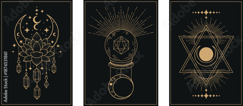 WebMystical Lotus Crystal Ball Hexagram Moon Phases Esoteric Symbols Spiritual Geometry Gold Line Art Tarot Cosmic Insight Illustration