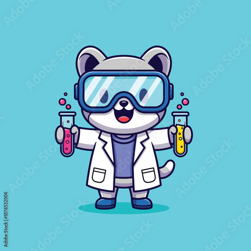 Cute Cat Scientist Holding Test Tubes.