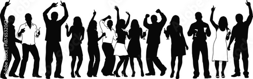 Vibrant crowd silhouettes dancing joyfully at nightclub party celebration isolated on white background, diverse people enjoying music energy, festive nightlife dance floor moment