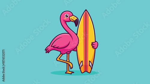 Cute Flamingo Holding Surfboard Cartoon Vector Illustration.