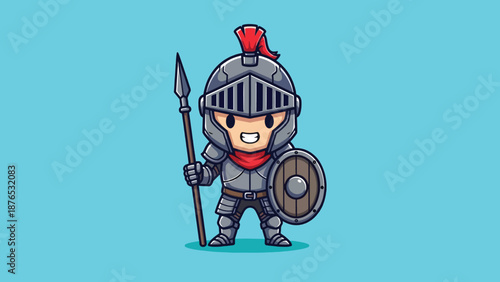 Cute Knight with Spear and Shield Cartoon Vector.