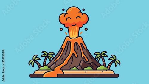 Cute Volcano Erupting with Lava and Palm Trees Illustration.