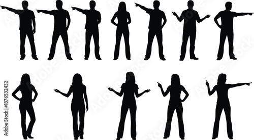 Pointing people silhouettes set, men and women showing directions with hands, body language communication concept, isolated black vector illustration collection