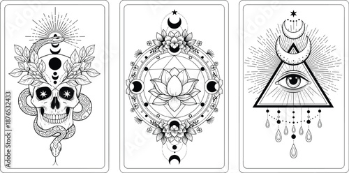 Mystical Tarot Skull Snake Lotus Mandala Eye Triangle Moon Phases Esoteric Symbols Spiritual Cosmic Geometry Black White Illustration Cards