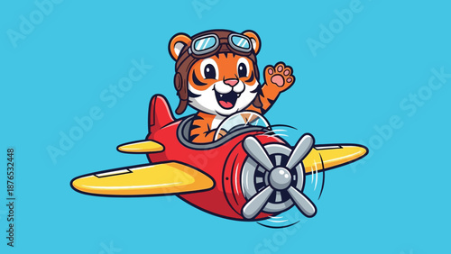 Cute Tiger Pilot Flying Plane Cartoon Vector Icon Illustration.