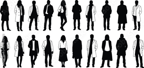 Business people silhouettes standing and walking, diverse professional men and women collection, corporate teamwork lifestyle concept, isolated black vector illustration set