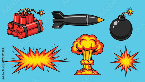 Explosive Elements Collection Dynamite Bomb Blast Mushroom Cloud.