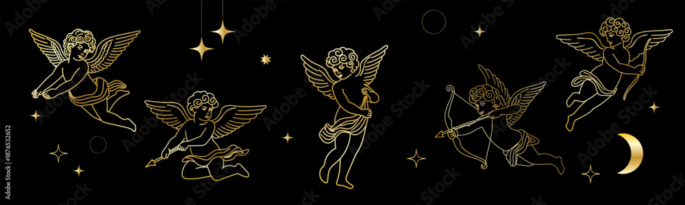 Fototapeta premium Gold Vintage Cupid Angel Icon. Cute Cherub Character Golden Outline Silhouette. Valentine's Day or Wedding Decoration Symbol. Flying Romantic God with Wings and Bow and Arrows. Christmas Sign.