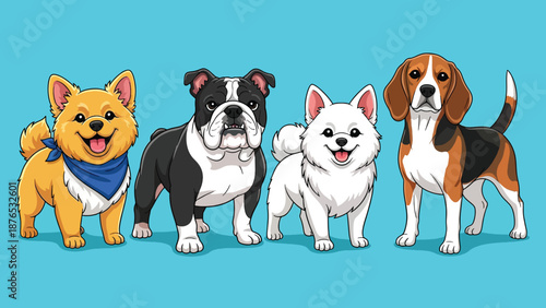 Four Adorable Dog Breeds Standing Together.