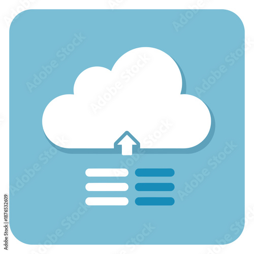 Cloud Computing Icon: A simple yet effective depiction of cloud computing, with a white cloud symbol, upward arrow, and a set of data lines indicating data upload or storage.