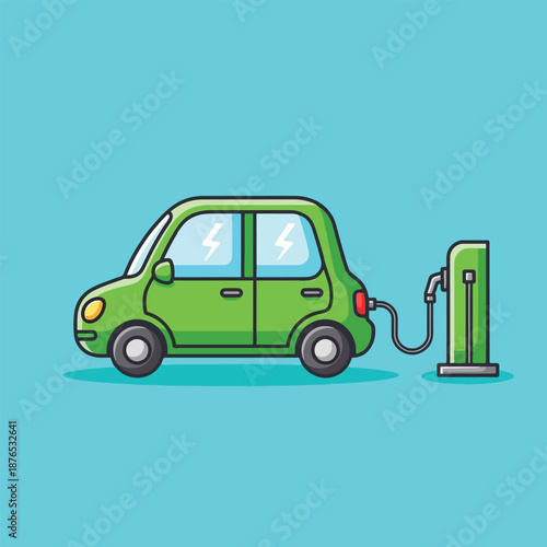 Cute Green Electric Car Charging at a Station.