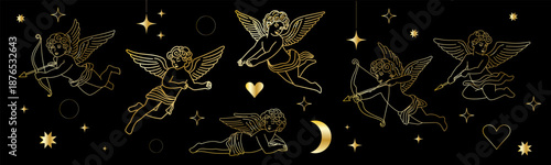 Gold Vintage Cupid Angel Icon. Cute Cherub Character Golden Outline Silhouette. Valentine's Day or Wedding Decoration Symbol. Flying Romantic God with Wings and Bow and Arrows. Christmas Sign.