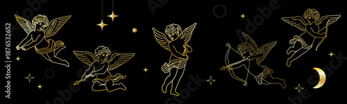 Gold Vintage Cupid Angel Icon. Cute Cherub Character Golden Outline Silhouette. Valentine's Day or Wedding Decoration Symbol. Flying Romantic God with Wings and Bow and Arrows. Christmas Sign.