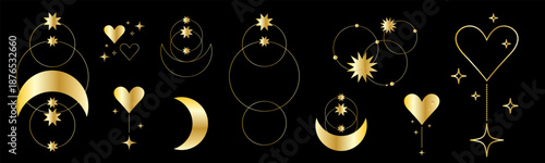 Gold Vintage Decorative Element Icon. Glossy Glamour Romantic Symbol. Moon, Stars heart Shape. Occelt Esoteric Astrology Theme Decoration. Retro Shine Sign Collection