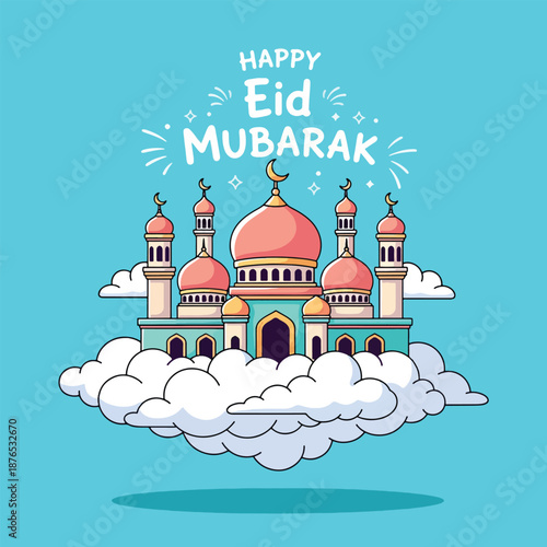 Happy Eid Mubarak celebration with mosque on clouds.