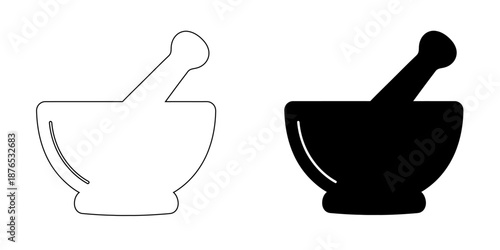 Mortar and Pestle Icon , Pharmacy and Apothecary Symbol, Medical Lab Grinding Tool Vector