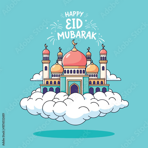 Happy Eid Mubarak Mosque on Clouds.