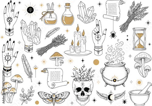 Mystical Witchcraft Collage Crystals Herbs Potions Hands Symbols Moon Stars Skull Moth Magic Esoteric Spiritual Alchemy Nature Ritual Illustration