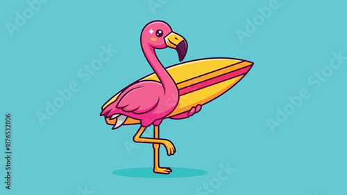 Pink Flamingo Bird Holding Surfboard Cartoon Vector.