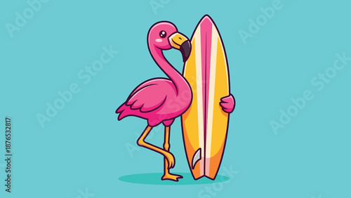 Pink Flamingo with Surfboard on a Blue Background.