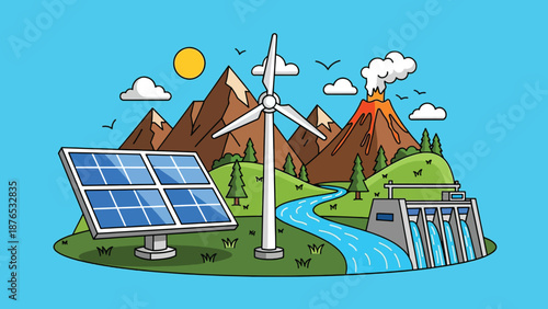 Renewable Energy Landscape with Solar Panels Wind Turbine Hydroelectric Dam and Volcano.