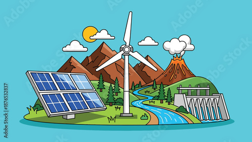 Renewable Energy Sources Illustration with Solar Panels and Wind Turbine.