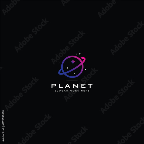 Planet logo design illustration with space rock and star decoration on black background