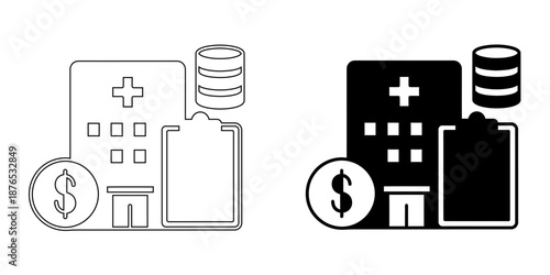 Hospital Finance and Medical Billing Icons - Healthcare Building with Money, Coins, and Insurance Clipboard Symbols
