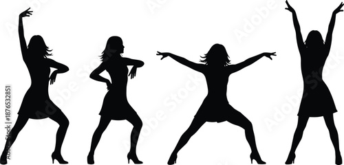 Black Silhouette Set of Four Women Dancing and Posing, Graceful Female Figures for Nightlife Party Music Festival and Lifestyle Vector