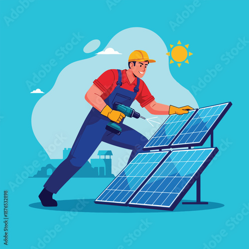 Solar panel technician installing renewable energy system.