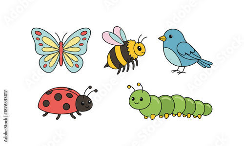 Cute insects butterfly bee bird ladybug caterpillar vector spring set bundle