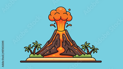 Volcano Eruption with Palm Trees on Island Cartoon Illustration.