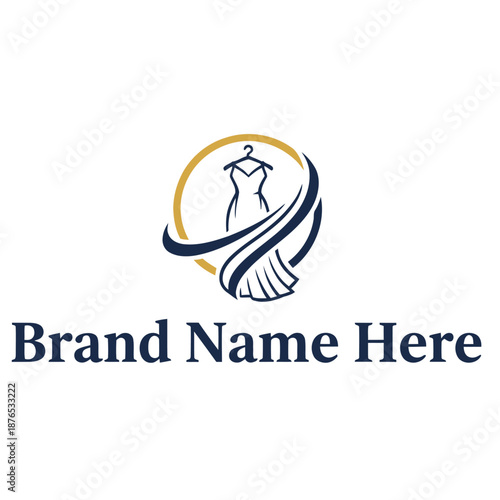 Fashion logo template with elegant evening dress silhouette on a hanger with flowing fabric in a gold circular frame for bridal boutique formal wear and luxury clothing branding
