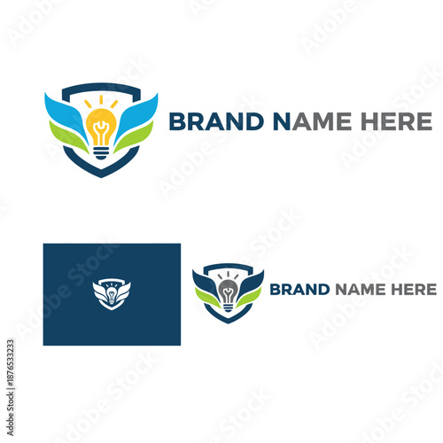 Education Logo Template with Lightbulb Wrench and Wings in Shield for Technical Learning Industrial Training Vocational School Innovation and Academic Skill Development in Vector Style