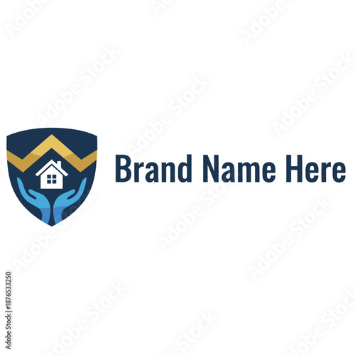 Home Insurance Logo Template with Shield Hands and House Icon for Real Estate Protection Property Security Family Housing Safety and Residential Coverage Services in Vector Style