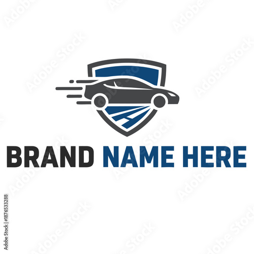 Automotive logo template with fast moving sports car silhouette on a blue shield for car detailing auto repair racing team security transport and vehicle insurance branding