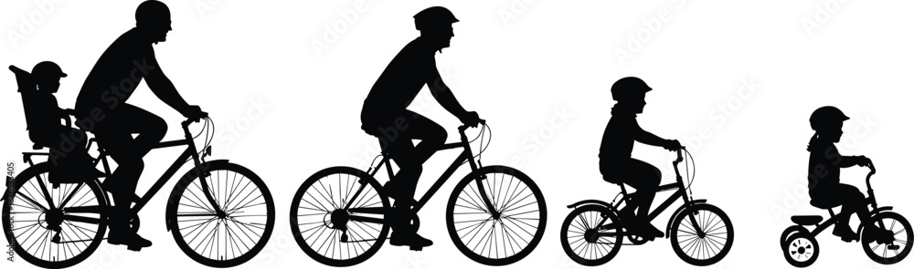 Obraz premium Family cycling silhouettes showing parents and kids riding bicycles, outdoor activity vector set for healthy lifestyle fitness sport recreation design projects