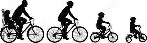 Family cycling silhouettes showing parents and kids riding bicycles, outdoor activity vector set for healthy lifestyle fitness sport recreation design projects