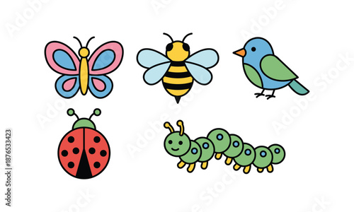 Cute spring insects set bundle spring: butterfly, bee, bird, ladybug, worm