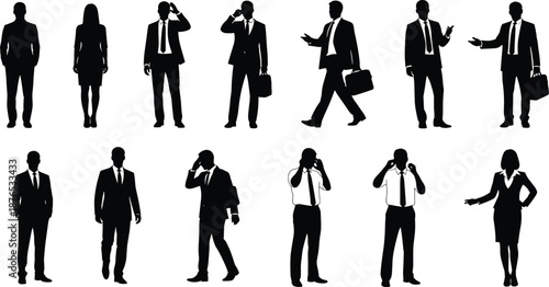 Set of business people silhouettes with briefcases and mobile phone poses, professional corporate men and women vector collection for marketing design branding projects