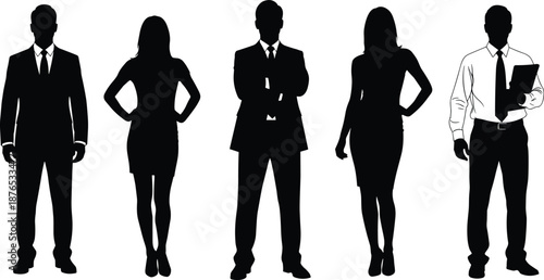 Business people silhouette collection showing confident men and women in formal office wear poses, corporate teamwork leadership concept, black vector icons isolated on white background