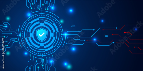 Concept of cybersecurity and network protection. Shield with Check mark icon on frames HUD futuristic style on a dark blue background. Secure technology. Vector illustration.