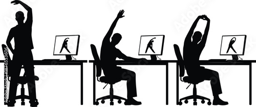 Office stretching exercise silhouette set showing desk workers doing wellness moves, corporate fitness routine, healthy workplace posture, black vector illustration isolated