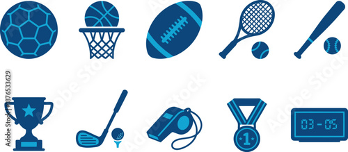 Blue sports icons featuring various athletic equipment and symbols